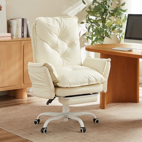 Bestier Cross Legged Office Chair with Footrest Wheels, PU Leather Beige - color: Beige Pu Leather