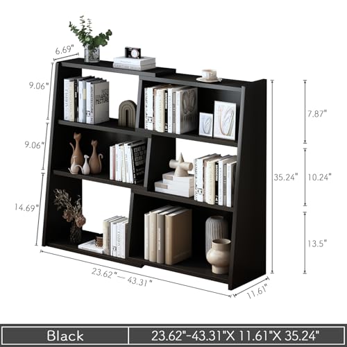 IOTXY Wooden Extendable Shelf Bookcase, 3-Tier Low Bookshelf, Black, S | Adjustable Two-piece Design, 6 Open Cubbies, Extends 23.6"-43.3" for Straight Walls, Corners, and Small Spaces - color: Black, size: Small