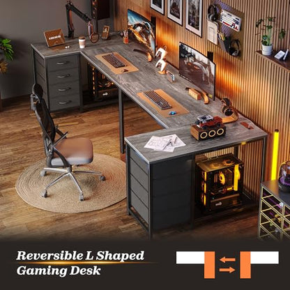 PRAISUN 43.3" Small L Shaped Desk with Power Outlets & 4 Drawers - color: Grey, size: 43.3 Inch
