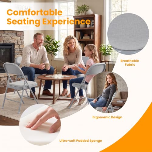 4 Pack Folding Chairs with Padded Cushion and Back, Fabric Dining Chair Set with Steel Frame, Indoor Outdoor Stackable Commercial Seat for Home Office Wedding Parties Banquets Events, Gray - color: Grey