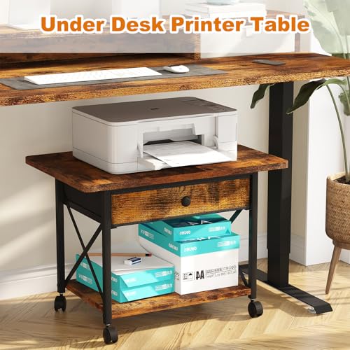 EasyCom Large Printer Stand with Fabric Storage Drawer and Locking Wheels - color: Rustic Brown, size: Large