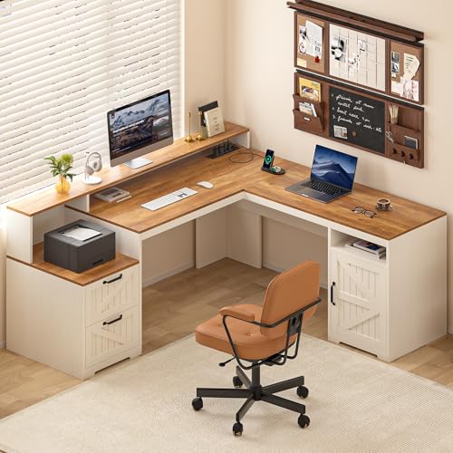 63" Farmhouse L Shaped Desk with Drawers & Printer Shelf for Home Office | Corner Computer Desk with Storage, Power Outlets, L Shaped Office Desk with Monitor Stand, Printer Shelf, Antique White - color: Antique White