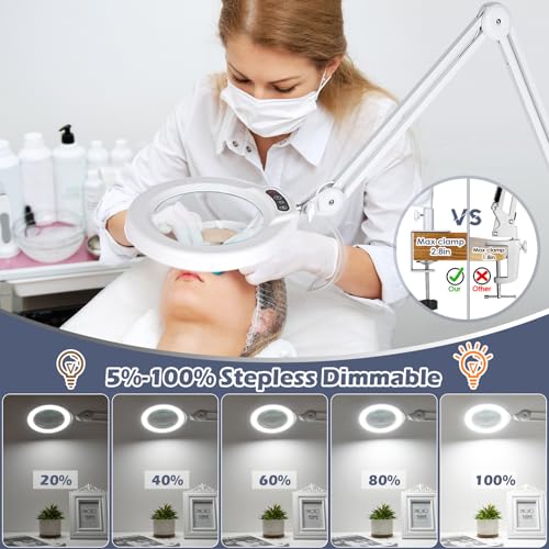 15X Magnifying Glass with Light and Stand, Real Glass Lens, 5 Color Modes, Stepless Dimmable, LED 2200 Lumens Floor lamp with 5 Wheels Rolling Base, Lighted Magnifier for Esthetician, Facials, Salon