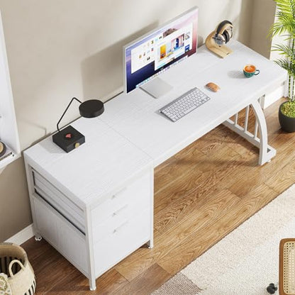 Tribesigns 59 Inch Computer Desk with 3 Drawers, Industrial PC Desk Study Writing Table Workstation with File Storage, Home Office Desks with Large Desktop and Metal Frame, (White) - color: White