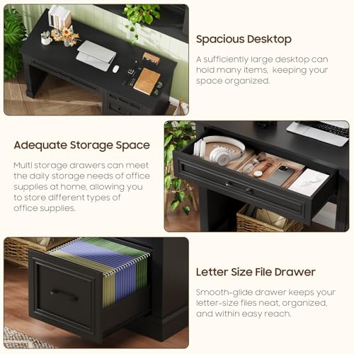 Vabches Farmhouse 47" Executive Desk with A File Drawer, Pure Black - color: Pure Black, size: Style 3