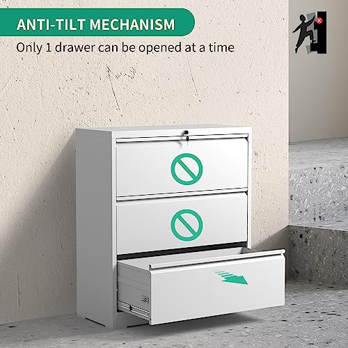 IKIMI Lateral File Cabinets 3 Drawers,White Metal Filing Cabinet for Office - color: White, size: 15.7"D x 35.4"W x 40.4"H