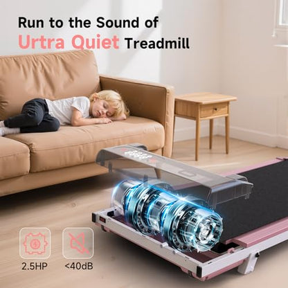 Incline Walking Pad, 3.5HP Foldable Portable Treadmill with Handle Bars, Ultra Quiet ≤40dB Under Desk Treadmills for Home Office, 330LB Capacity, Wide Running Belt, LED Display & Remote Control - color: Bright Pink