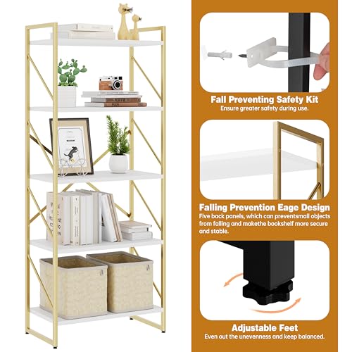 5 Tiers Bookshelf, Classically Tall Bookcase, Industrial Book Rack - color: Golden & White