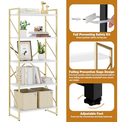 5 Tiers Bookshelf, Classically Tall Bookcase, Industrial Book Rack - color: Golden & White