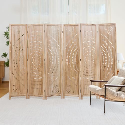 66.9Inch Folding Room Divider, 6 Panels Wood Carved Privacy Screens, Free Assembled Freestanding Partition for Home Office Restaurant Bedroom (Natural) - color: Natural, size: 6 Panels