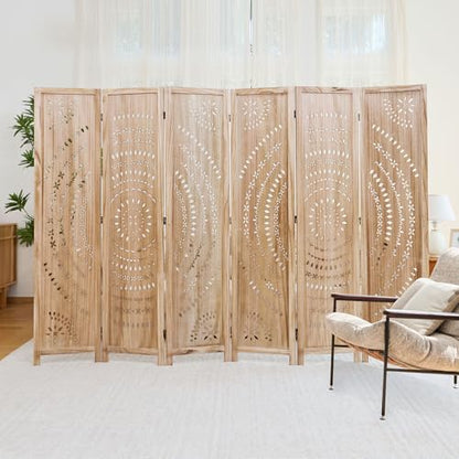 66.9Inch Folding Room Divider, 6 Panels Wood Carved Privacy Screens, Free Assembled Freestanding Partition for Home Office Restaurant Bedroom (Natural) - color: Natural, size: 6 Panels
