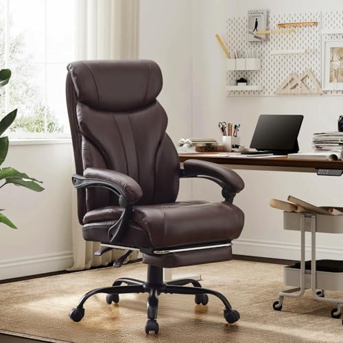 Office Chair with Footrest 500 LBS, Heavy Duty Executive Leather Desk Chair 90-120° Recline, Ergonomic Computer Chair for Heavy People Long Hours Work with Retractable Footrest, Brown - color: Chocolate Brown With Footrest
