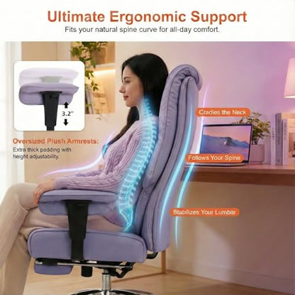 EXCEBET Big and Tall Office Chair 400lbs Wide Seat, Leather High Back Executive Office Chair with Foot Rest, Ergonomic Chairs Lumbar Support for Lower Back Pain Relief (Light Purple) - color: Bright Purple