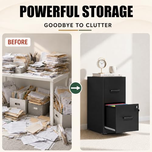 2 Drawer File Cabinet with Lock, 25.6" H Small File Cabinet - color: Black, size: 25.6"H - 2 Drawer