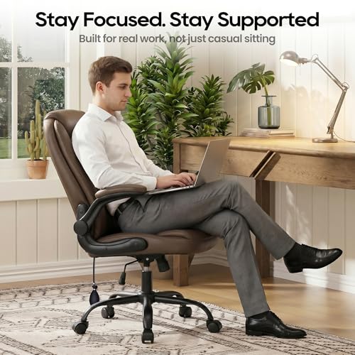 MALOL Leather Office Chair, Home Desk Chair with Flip-up Arms, Brown - color: Brown-new, size: Set of 1