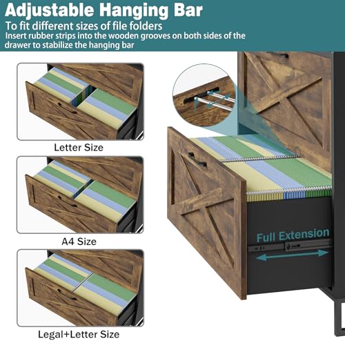 Vabches 2 Drawer Lateral File Cabinet with Charging Station, Brown & Black - color: Rustic Brown
