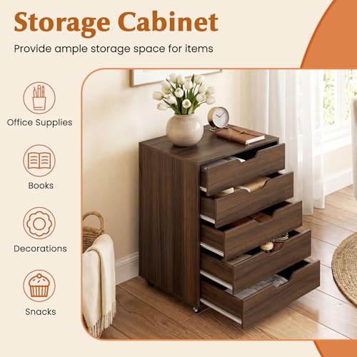 Giantex 5-Drawer Vertical File Cabinet, Mobile Office Storage Cabinet with Drawers, Large Capacity, 2 Lockable Casters and Universal Wheels, Under Desk Side Printer Stand Rolling File Cabinet (Walnut) - color: Walnut