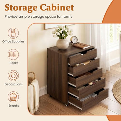 Giantex 5-Drawer Vertical File Cabinet, Mobile Office Storage Cabinet with Drawers, Large Capacity, 2 Lockable Casters and Universal Wheels, Under Desk Side Printer Stand Rolling File Cabinet (Walnut) - color: Walnut