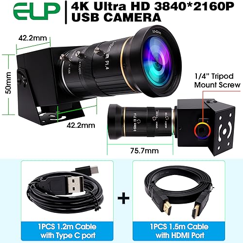 ELP 4K USB HDMI USB Camera Manual Zoom Webcam Variable Focus PC Camera Mini Close-up Camera for Computer H.264 Telescope USB Security Camera 8mp IMX415 Industrial CCTV Camera (5-50mm 10X Zoom Lens) - color: 5-50mm 10X zoom lens