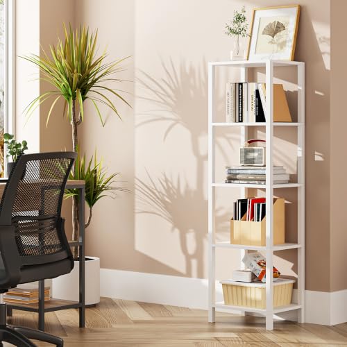 TUTOTAK Bookshelf, 5-Tier Tall Narrow Book Shelf for Small Space | 10.7 x 14.5 x 53.2 Inches Skinny Display Shelf with Storage for Living Room, Office, Study, Entryway, White BS01BW005 - color: White, size: 5-Tier(10.7 x 14.5 x 53.2 Inches)