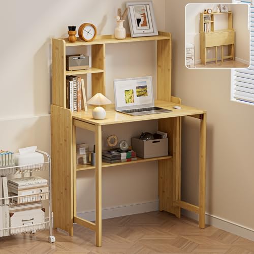 Folding Desk for Small Spaces, Bamboo Foldable Desk with Bookshelf, Natural - color: Natural, size: 47.24"H x 21.65"D x 32.28"W