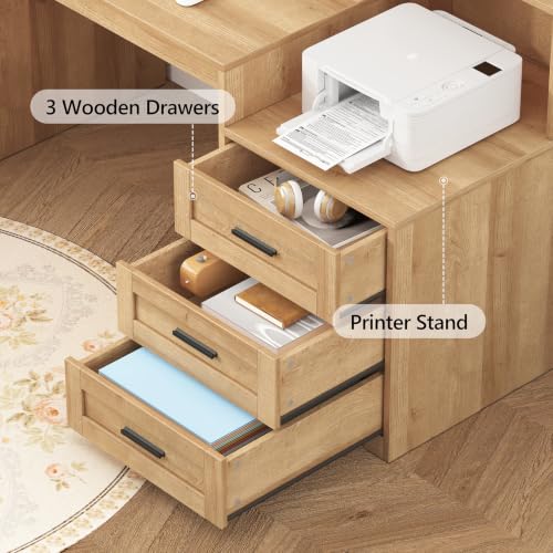 65" Farmhouse Computer Desk with Drawers and Printer Stand for Home Office - color: Oak