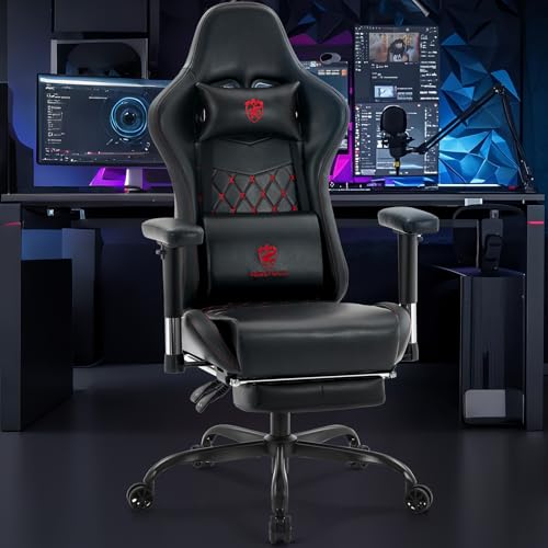 Gaming Chair,Office Chair with Footrest,Massage,Black Red | Gel Pad,Ergonomic,Spring Cushion,High Back,2D Adjustable Arms,Reclining,Lumbar Support,Headrest,Leather Gamer Chair - color: Black Red