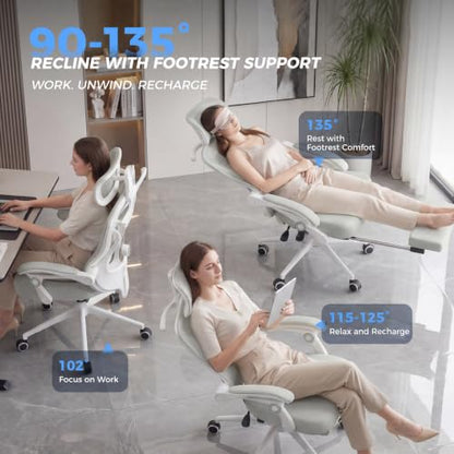 CYKOV Ergonomic Office Chair with Footrest - Adjustable Lumbar Support & Headrest, 90-135° Reclining Mesh Back Computer Chair - Home Office/Gaming, 350lbs Capacity - color: Light Grey