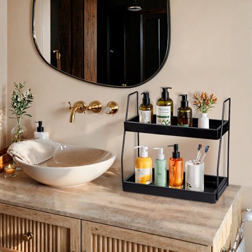 Demigo 2-Tier Bathroom Countertop Organizer, Black Acacia Wood Storage Rack | 13.6 x 14 x 6.7 inches Counter Standing Rack, Storage Shelf for Vanity Kitchen Counter Office Desk Makeup & Cosmetic