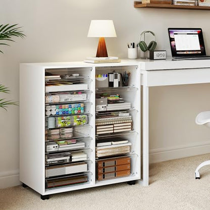 WOPITUES Mobile Storage Cabinet with 15 Clear Drawers, Modern White | Craft Cabinet with 5 Large Drawers, Cart with Wooden Tabletop, Printer Stand Home Office, Dresser Chest - color: White, size: 10M+5L