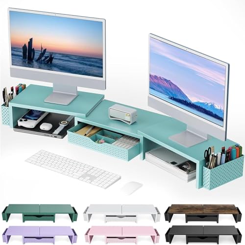gianotter Dual Monitor Stand Riser With Drawer and 2 Pen Holders | Computer Monitor Stand Desk Organizer and Accessories Desk Shelf for Top of Desk (Blue) - color: Blue