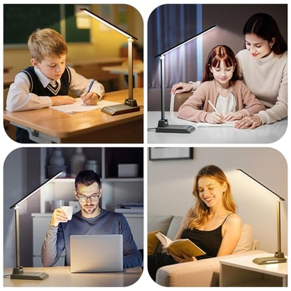 ShineTech LED Desk Lamp for Home Office, Foldable Reading Lamp with Adapter | Foldable, 25 Lighting Modes and Dimmable, Touch Control, Eye-Caring LED Light for Bedroom Nighstand with Small Night Light - color: Black
