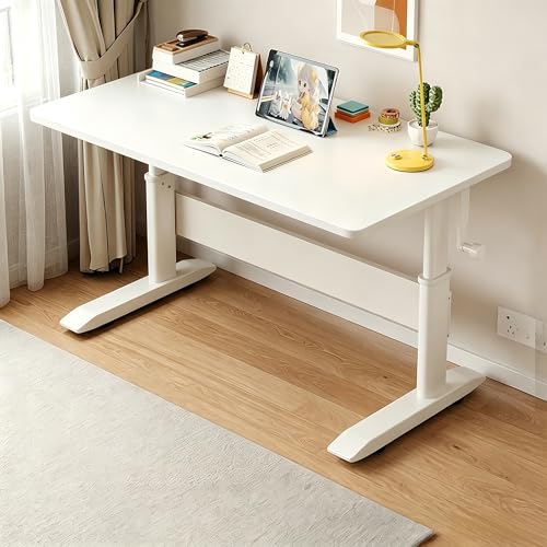 Manual Crank Standing Desk Adjustable Height 23.6-33.5 inch, Steel Frame Computer Table with Solid Wood Eco-Board Desktop and Cable Management Hole, mesa Gamer for Home Office(White,40IN) - color: White, size: 40IN