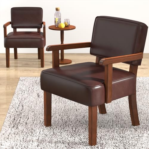 FAGAGA Accent Chairs Set of 2, 2 Solid Wood Armchairs with Table - color: Faux Leather Cherry, size: One Set