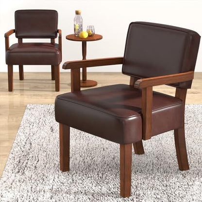 FAGAGA Accent Chairs Set of 2, 2 Solid Wood Armchairs with Table - color: Faux Leather Cherry, size: One Set