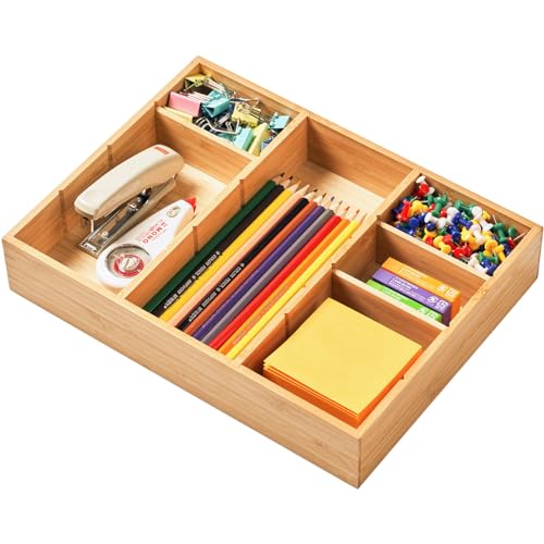 Umilife Bamboo Desk Drawer Organizer, Wood Junk Organizer Tray with Adjustable Dividers, Anti-Skip Storage Organization in Office Bathroom Drawer for Vanity, Makeup, 12" x 9" - size: 12"x9"