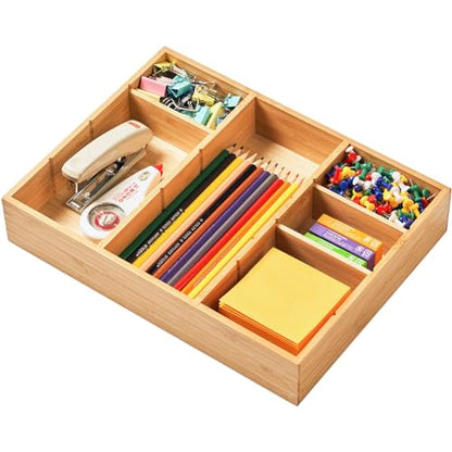 Umilife Bamboo Desk Drawer Organizer, Wood Junk Organizer Tray with Adjustable Dividers, Anti-Skip Storage Organization in Office Bathroom Drawer for Vanity, Makeup, 12" x 9" - size: 12"x9"