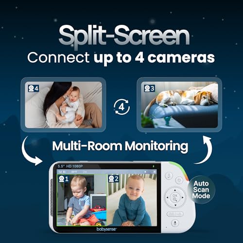 Babysense PRO Non-WiFi Full HD 5.5" Split Screen Baby Monitor with Camera and Audio, 6-Color Night Light, White Noise, Sound & Light Machine, 20-Hour Battery, Hack-Proof Secure Connection - size: 5.5 Inch 1 CAM