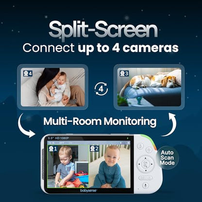 Babysense PRO Non-WiFi Full HD 5.5" Split Screen Baby Monitor with Camera and Audio, 6-Color Night Light, White Noise, Sound & Light Machine, 20-Hour Battery, Hack-Proof Secure Connection - size: 5.5 Inch 1 CAM