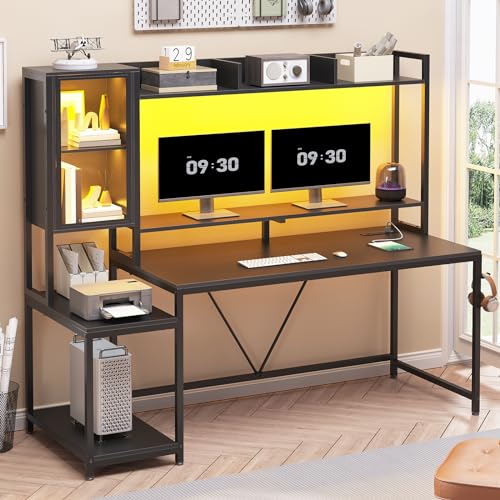 SEDETA 60'' Gaming Desk with Storage, Hutch, Display Cabinet and LED Lights - color: Black