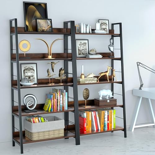 Industrial Bookshelf,Ladder Shelf 5 Tier Large Bookcases Floor Freestanding Storage Rack Leaning Book Shelves,Plants Flower Stands with Metal Frame for Living Room, Home Office, Rustic Brown,2Packs - color: Brown, size: Large-2pcs
