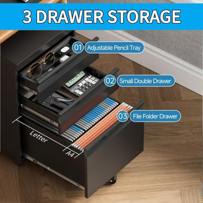 3 Drawer Mobile File Cabinet with Lock, Rolling File Cabinet with Wheels - color: Black, size: 3 Drawer