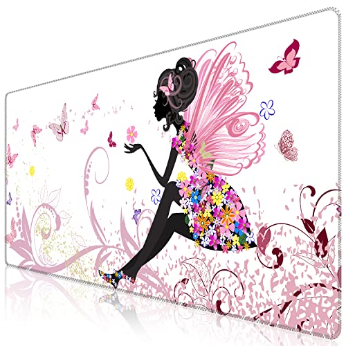 iCasso Extended Gaming Mouse Pad 35.4x15.7in,Game,Home,Butterfly Girl | Non-Slip Rubber Base Mousepad with Stitched Edges,Waterproof Keyboard Mouse Mat Desk Pad for Work Office - color: Butterfly Girl