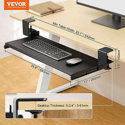 VEVOR Clamp on Keyboard Tray Under Desk, Desk Keyboard Tray Slide Out with Sturdy No-Drill C Clamp Mount, Large 26.8 x 11 inch Slide-Out Computer Drawer for Typing in Home, Office Work - style: C-CLAMP
