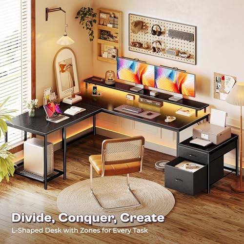 PRAISUN 66" L Shaped Gaming Desk with LED Lights & Power Outlets - color: Black