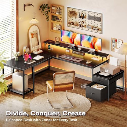 PRAISUN 66" L Shaped Gaming Desk with LED Lights & Power Outlets - color: Black