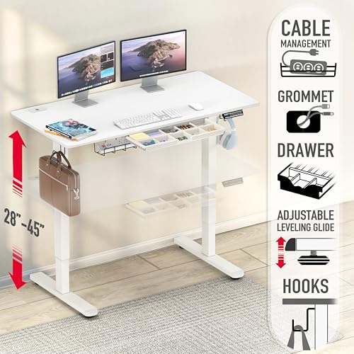 SHW 48-Inch Electric Height Adjustable Standing Desk w/Drawer, White - color: White, size: 48-Inch