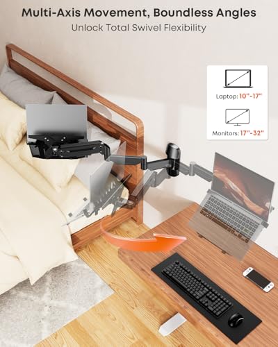 Long Arm 2-in-1 Laptop Wall Mount with Detachable Tray for 12-17'' Laptops | 30.28'' Extra Long Gas Spring Arm, Also fits 13-32'' Monitors, Stability, Easy to Install, Max holds 19.8lbs, Black
