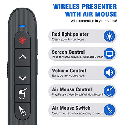 DINOSTRIKE Wireless Presenter Remote with Air Mouse Control, Rechargeable USB A&C Presentation Clicker PPT Pointer RF 2.4GhZ PowerPoint Clicker Slide Advancer for Computer Laptop Mac - color: Black