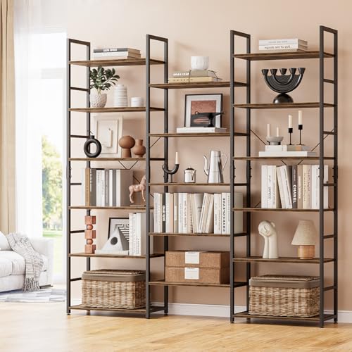 NUMENN Triple Wide 6-Tier Adjustable Bookshelf with 17 Shelves, Vintage | Metal Frame & Wood Shelves, Open Freestanding Storage Unit with Supporting Bars for Bedroom, Living Room and Home Office - color: Black, size: 6 Tier(Wide)